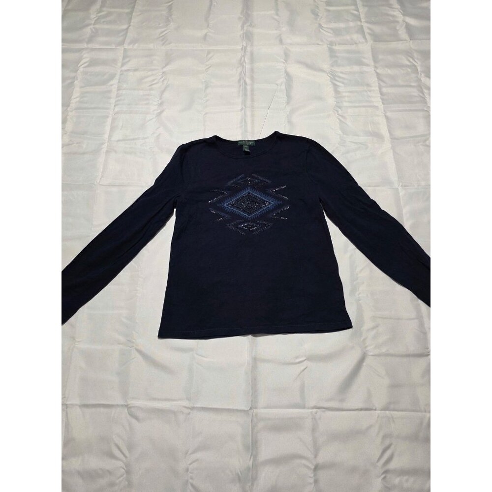 Lauren Ralph Lauren Navy Blue Long Sleeve  SouthWestern Aztec Shirt Petite Med